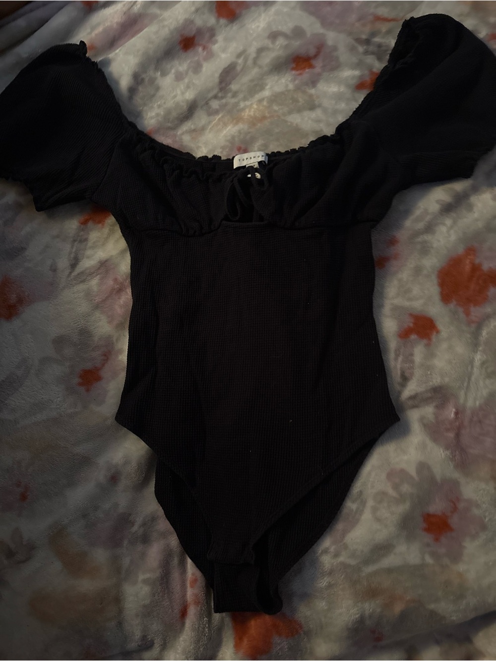 Topshop Black Off-Shoulder Bodysuit Milkmaid Basic Waffle Knit